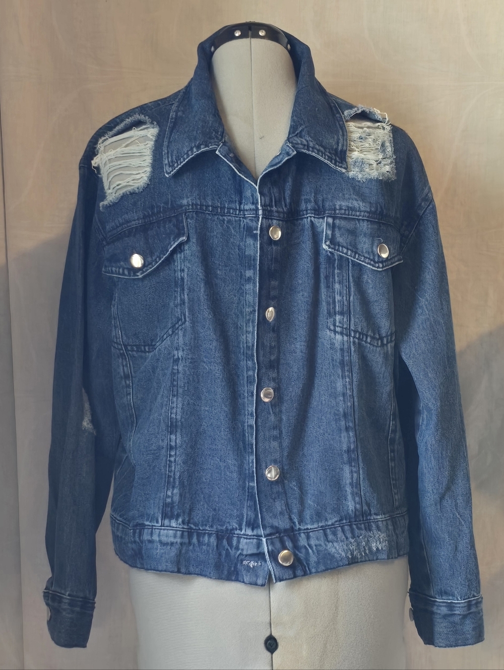 Distressed Dark Blue Denim Jacket - Women